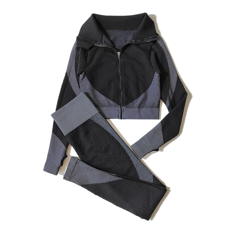 2/3Pcs Women Yoga Suit Seamless Knitted Yoga Pants Leggings Clothing Zipper Long Sleeve Crop Top Fitness Wear Sportswear Gym Set