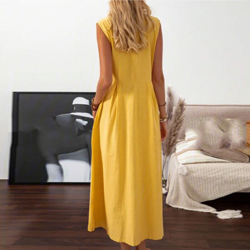 2023 Summer Cotton Linen Women's Long Dress Black V-neck Sleeveless A-line Loose Dresses Female New Casual Elegant Lady Clothes