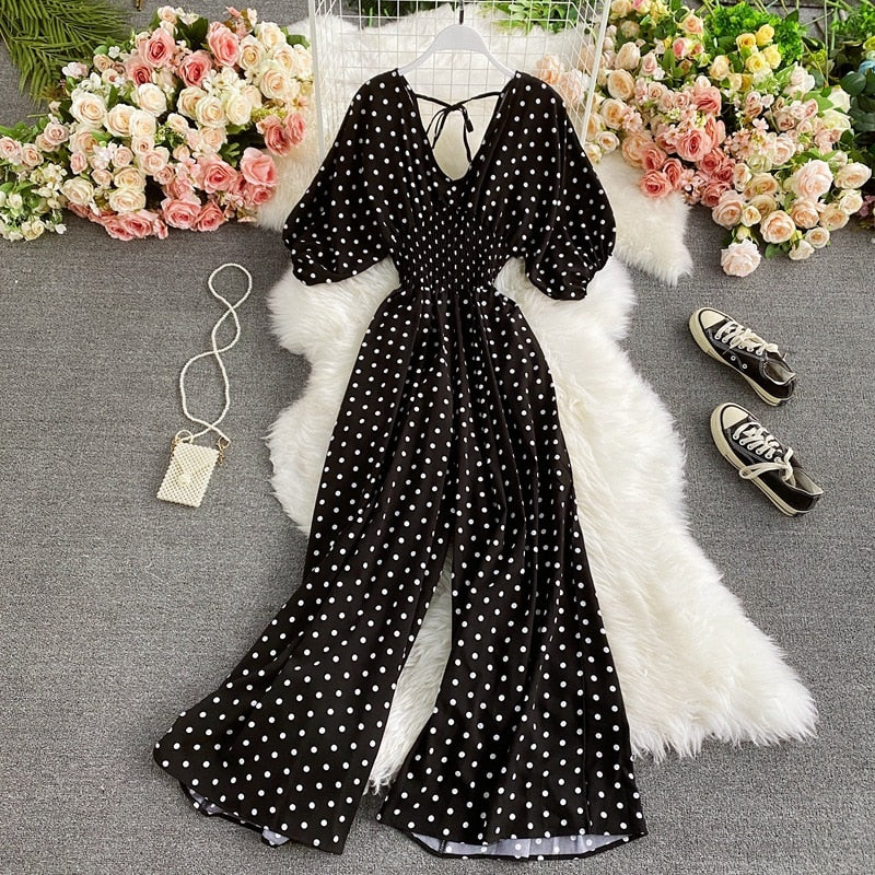 F V Neck Sexy Dolman Sleeves Waist Slim Polka Dot Print Jumpsuit Women Wide Leg Trousers Jumpsuit