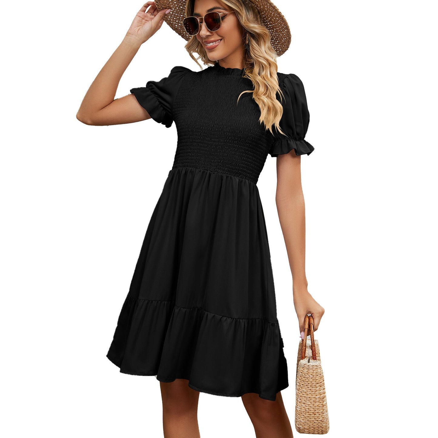 Dresses for Women 2023 Summer Round Neck Pleated Drawstring Pure Color Short Sleeve Slim Fit Women's Dresses Summer Dress