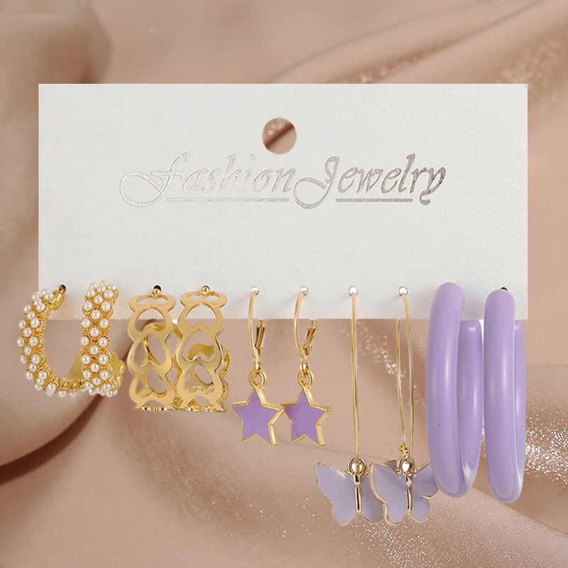 17KM Pearl Twist Hoop Earrings Set Butterfly Acrylic Dangle Earrings for Women Metal Hollow Gold Plated Earring Cartoon Jewelry