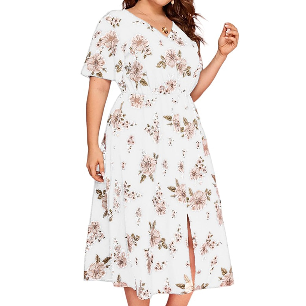 Flower Printed Robe Boho Large Size Summer Leisure Fashion Trend Upscale Women Clothing Sexy Temperament Short Sleeve Maxi Dress