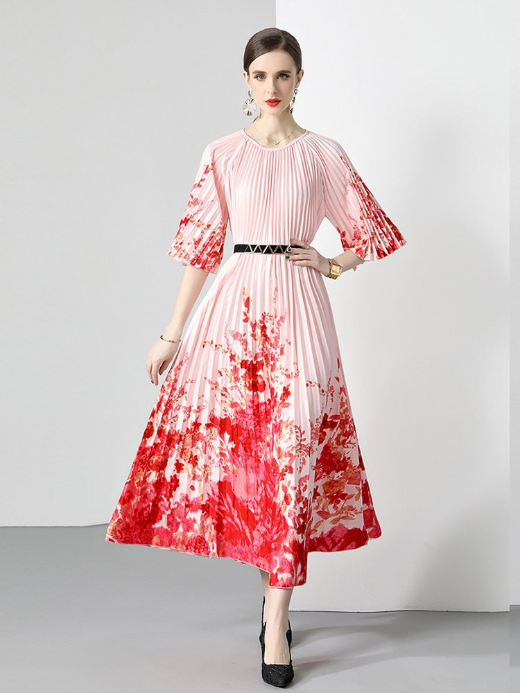 Miyake New Summer Pleated Long Dress Women O-Neck Lace-up Belt Print Loose Large Size Vintage Party Party Maxi Dress 2023