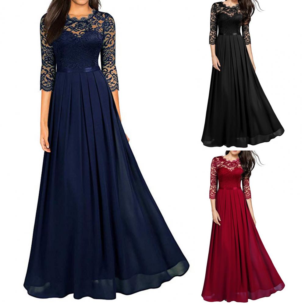 Long Dress Fashion All-matched Women Dress O Neck 3/4 Sleeve A-Line Long Dress for Birthday Party