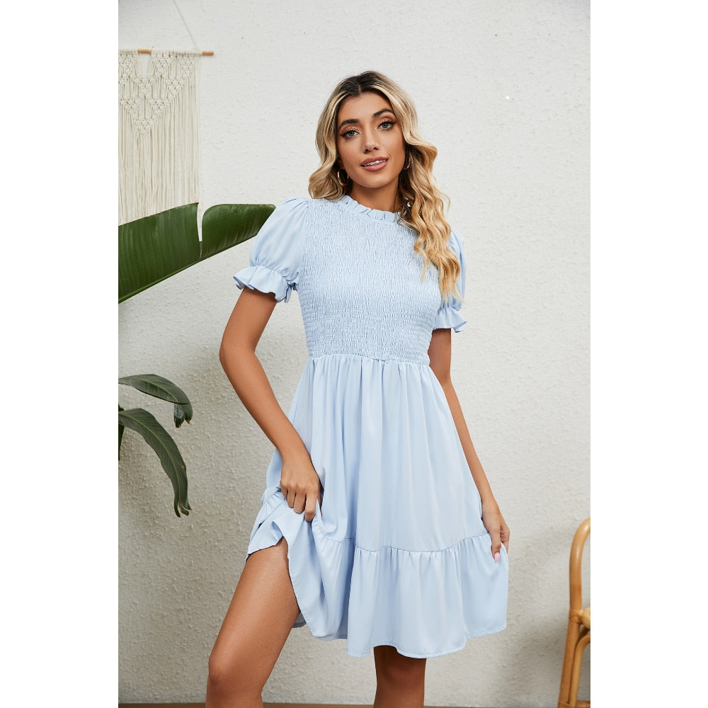 Dresses for Women 2023 Summer Round Neck Pleated Drawstring Pure Color Short Sleeve Slim Fit Women's Dresses Summer Dress