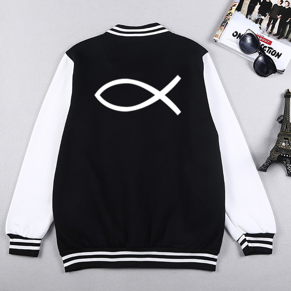 2022 Winter Mens Baseball Uniform Christian JESUS fish Coats Brand Jacket Fleece Bomber Coat Casual Streetwear Plus Size S-5XL