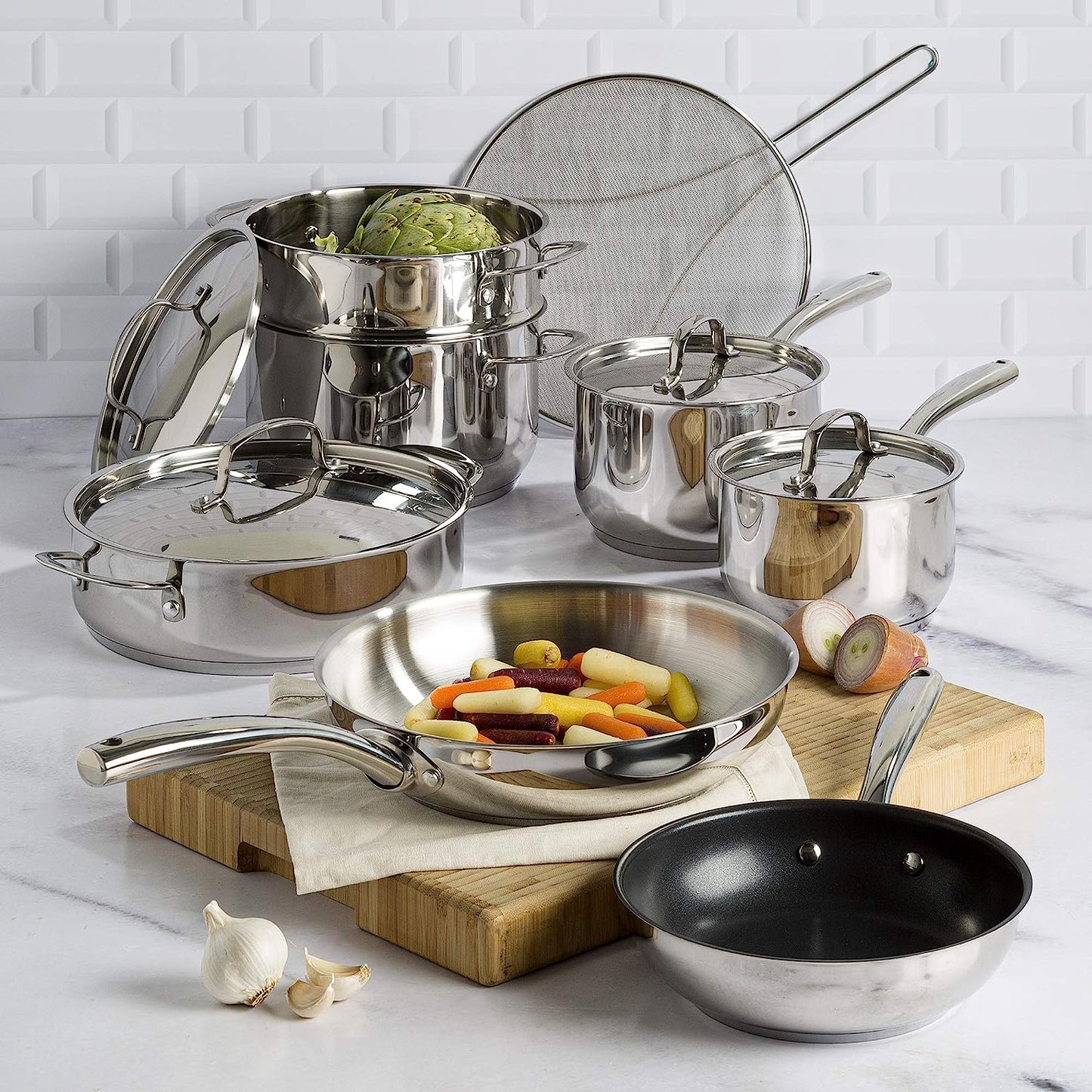 Classic Stainless Steel Cookware Set with Tri-Ply Base for Even Heating, Durable, Bonded Pots and Pans, Dishwasher Safe Include