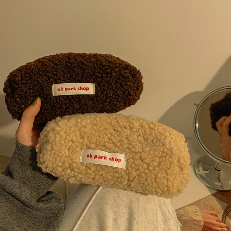 Lamb Hair Cosmetic Bag Plush Storage Cute Stationery Bag Large Capacity Travel Cosmetic Bag Makeup Organizer