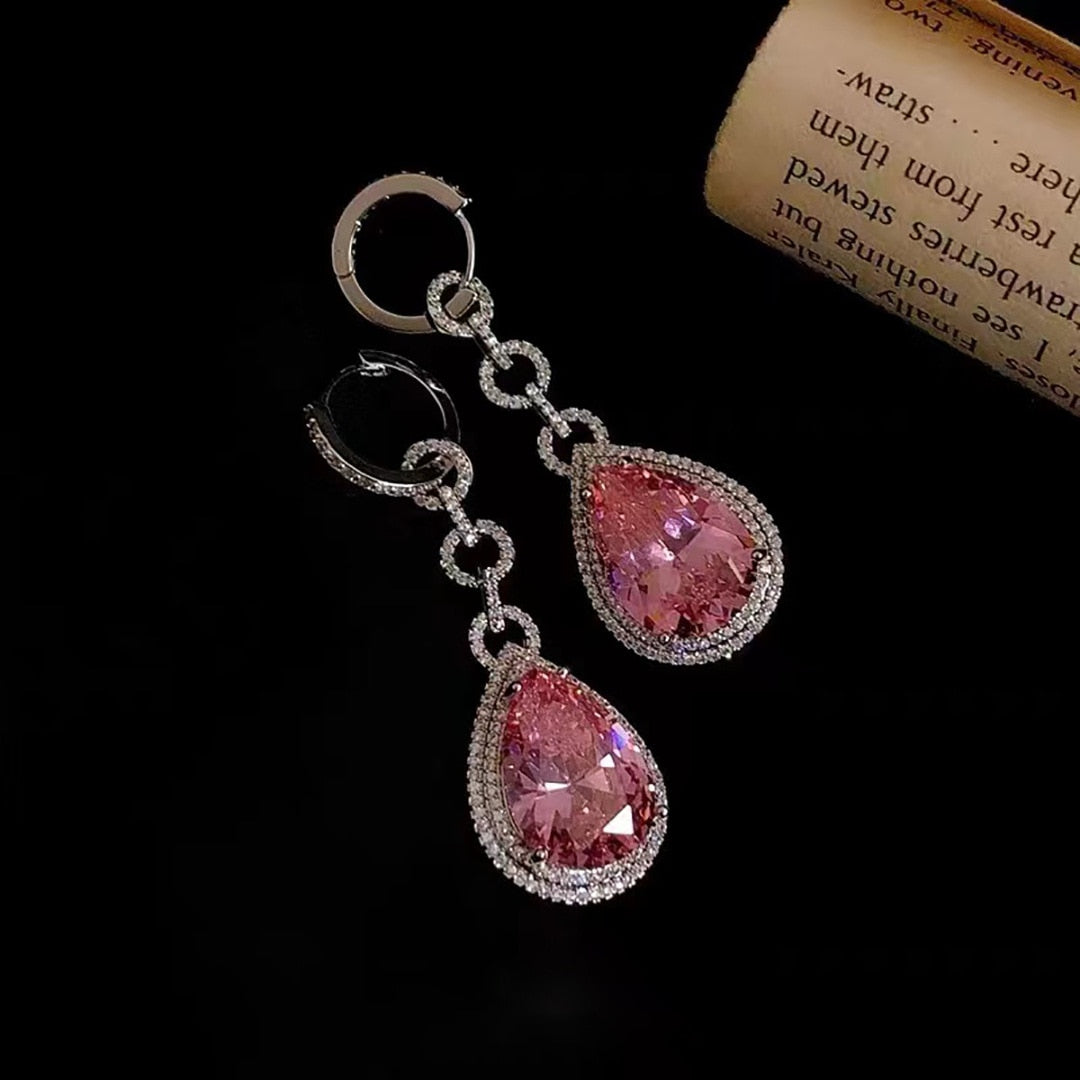Sparkling Water Drop Earrings 2022 Trend Pink AAA Zircon Stone Women Wedding Engagement Bridal Crystal Dangle Fashion Jewelry