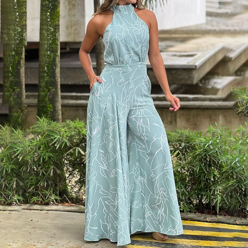 Summer Sexy Halterneck Bodycon Sleeveless High Jumpsuit 2022 Women Abstract Print Jumpsuit Chic Streetwear Wide Leg Romper Mujer