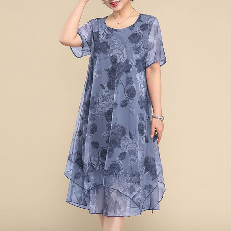 2023 O-Neck Short Sleeve Dresses Vintage Floral Printed Summer Gauze Spliced Women's Clothing Stylish Irregular Loose Midi Dress