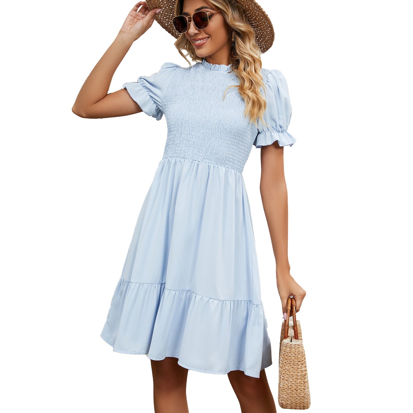 Dresses for Women 2023 Summer Round Neck Pleated Drawstring Pure Color Short Sleeve Slim Fit Women's Dresses Summer Dress