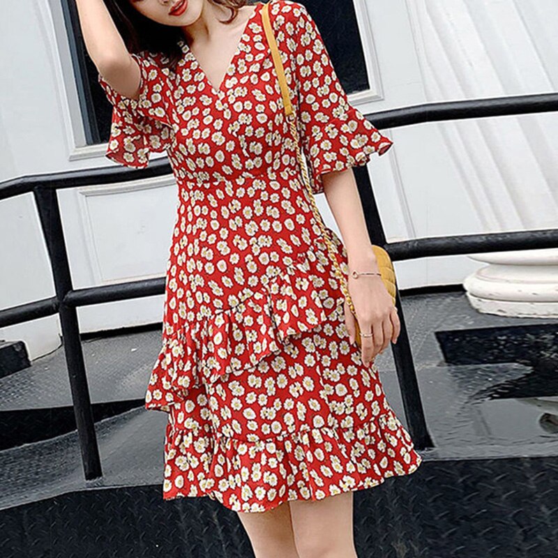 Vintage Printed Loose Asymmetrical Ruffles Mini Dress Women's Clothing 2023 Summer New Office Lady Flare Sleeve Floral Dress