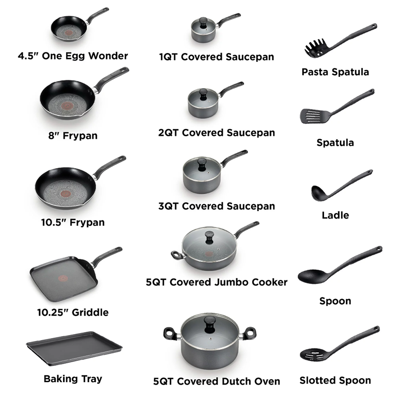 Easy Care Nonstick Cookware, 20 Piece Set, Grey, Dishwasher Safe Cookware Sets Pots and Pans Cooking Pots
