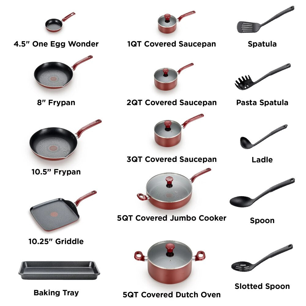 Easy Care Nonstick Cookware, 20 Piece Set, Red, Dishwasher Safe Kitchen Cookware Set Cooking Pots Set