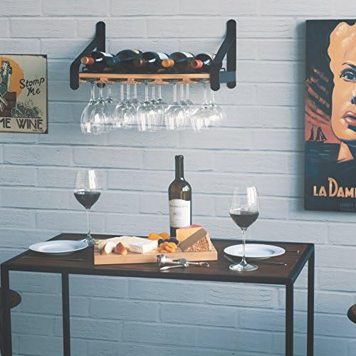 Mount Wood Floating Wine with Glassware Holder Stemware Shelf Organizer for 5 Bottle and up to 15 Glass Storage - Kitchen Dinin