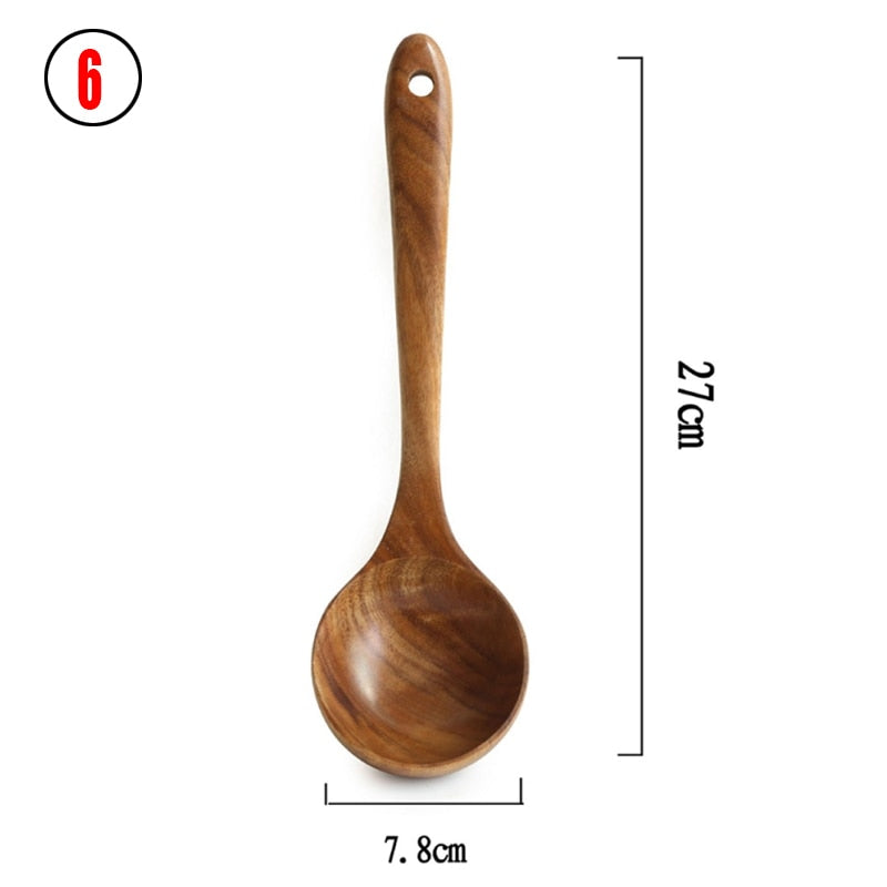 Teak Natural Wood Tableware Spoon Ladle Turner Rice Colander Soup Skimmer Cooking Spoon Scoop Kitchen Reusable Tool Kit