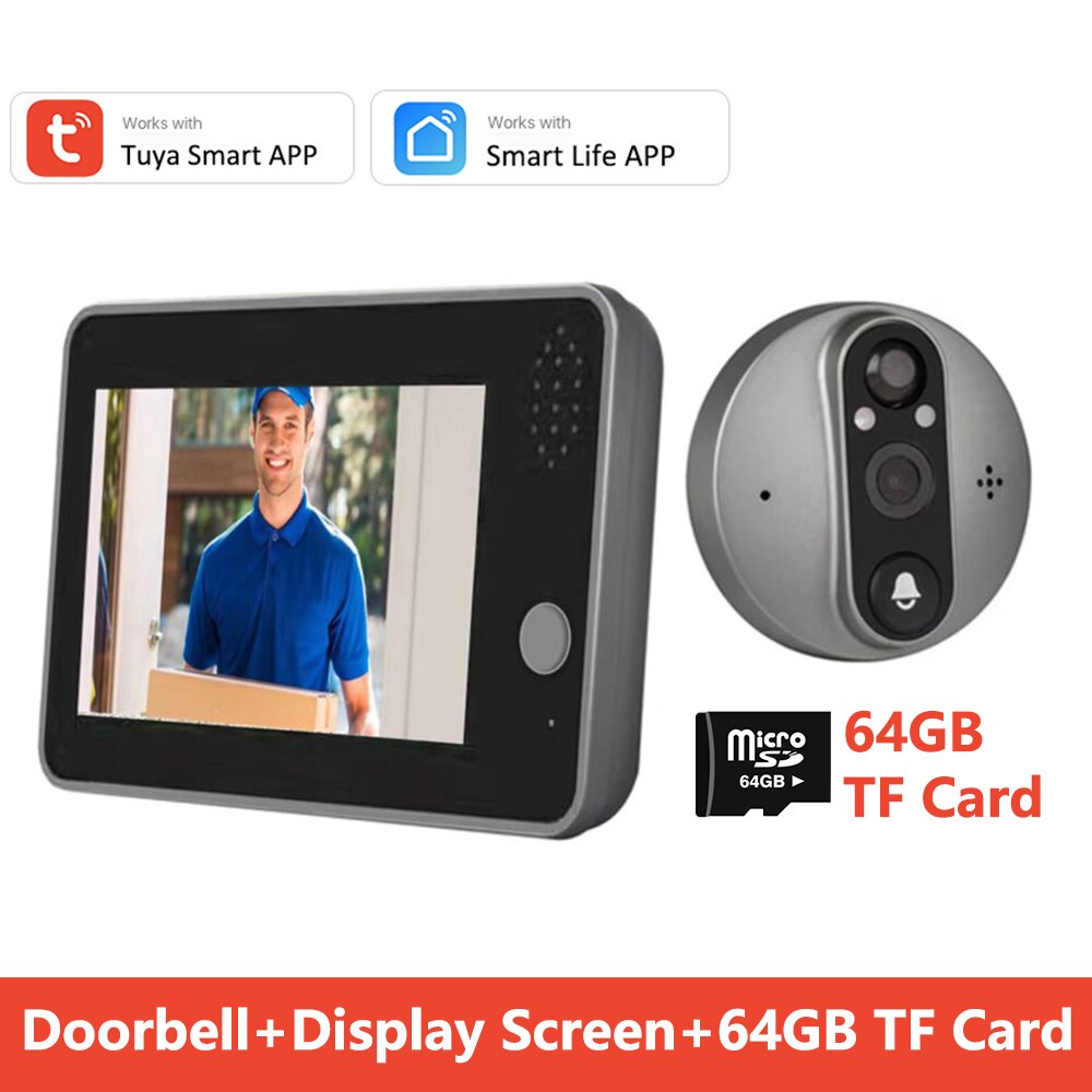 Tuya Smart 1080P WiFi Door Bell Peephole Camera Viewer Home Security Two-way Audio Night Vision 4.3' FHD Video Doorbell Camera