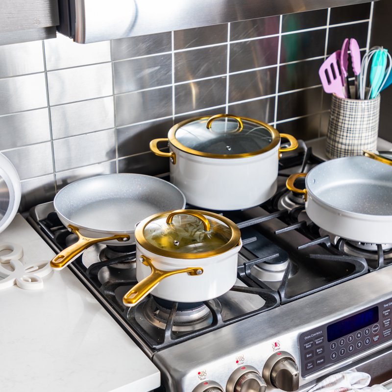 Nonstick 12 Piece Cookware Set, Cream Cooking Pot Sets for Effortless Cooking