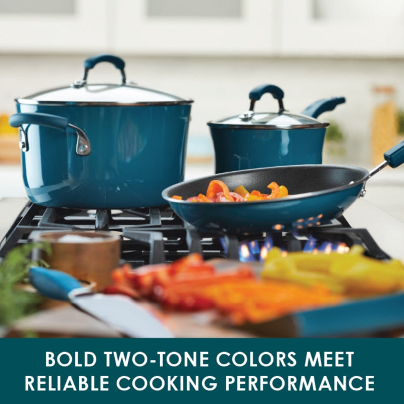 Rachael Ray 15-Piece Nonstick Pots and Pans Set/Cookware Set, Marine Blue Non Stick Cooking Pot Set Cookware Set
