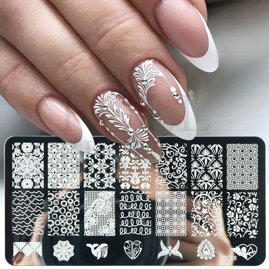 French Nail Art Stamping Plate Geometry Wave Line Drawing Templates Flower Love Lace Stamp Nail Charm Mold Stencil Tools LAXY-D-