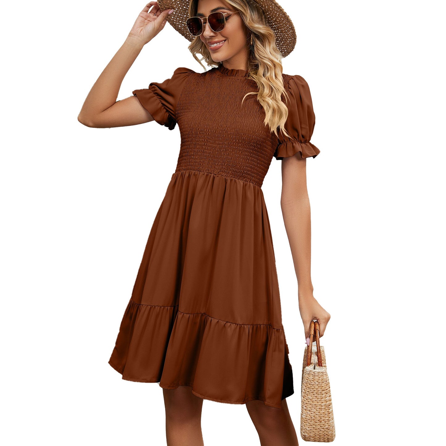 Dresses for Women 2023 Summer Round Neck Pleated Drawstring Pure Color Short Sleeve Slim Fit Women's Dresses Summer Dress