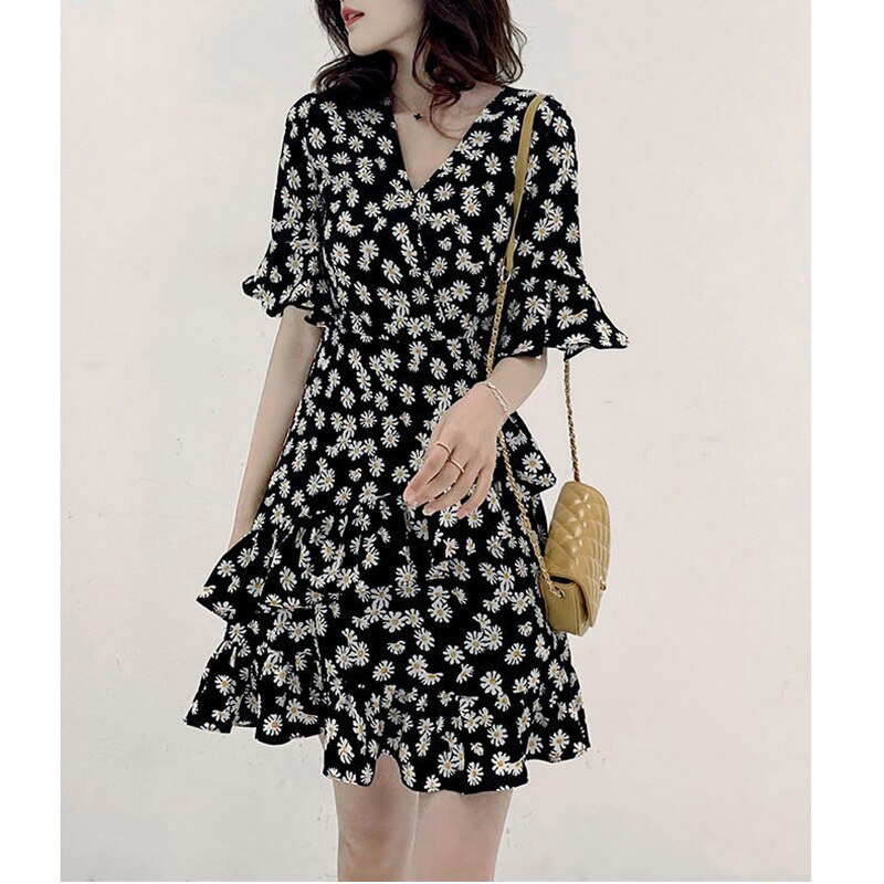 Vintage Printed Loose Asymmetrical Ruffles Mini Dress Women's Clothing 2023 Summer New Office Lady Flare Sleeve Floral Dress
