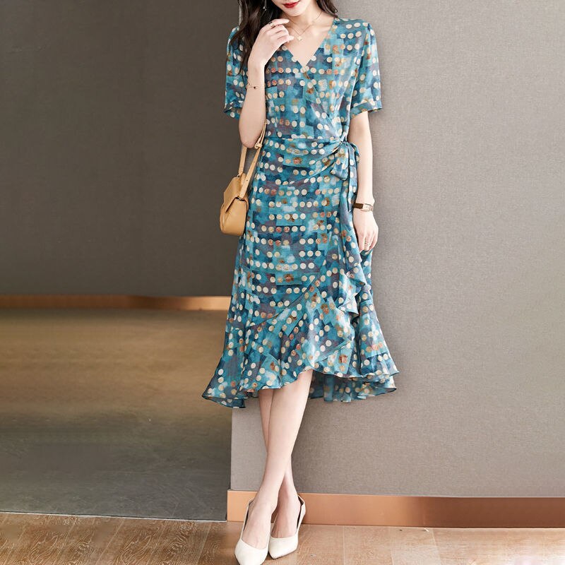 Elegant Fashion Polka Dot Printed Belt Zipper Dresses Summer 2023 Short Sleeve V-Neck Slim Oversized Midi Dress Women's Clothing