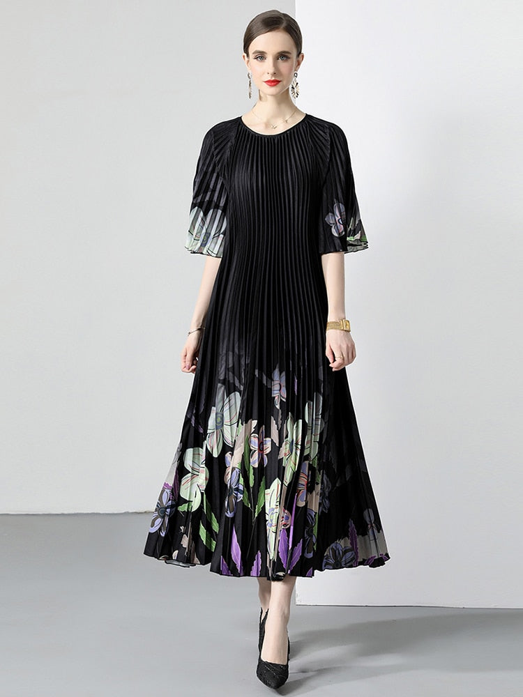 Miyake New Summer Pleated Long Dress Women O-Neck Lace-up Belt Print Loose Large Size Vintage Party Party Maxi Dress 2023