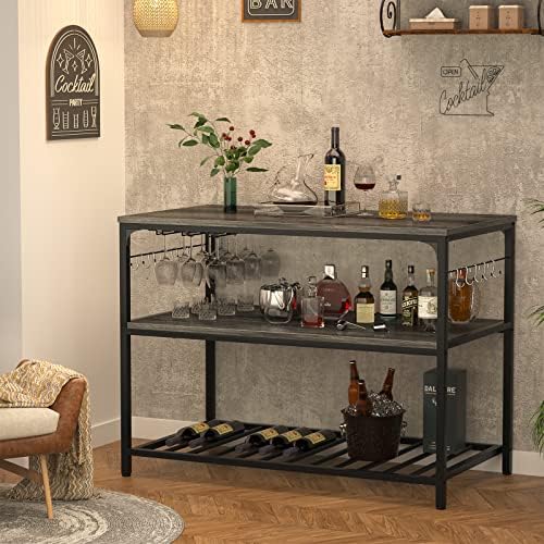 Island with Wine Glass Holder, Industrial Wood and Metal Coffee Bar Wine Table, 3 Tier Spacious Kitchen Prep Table Extended Cou