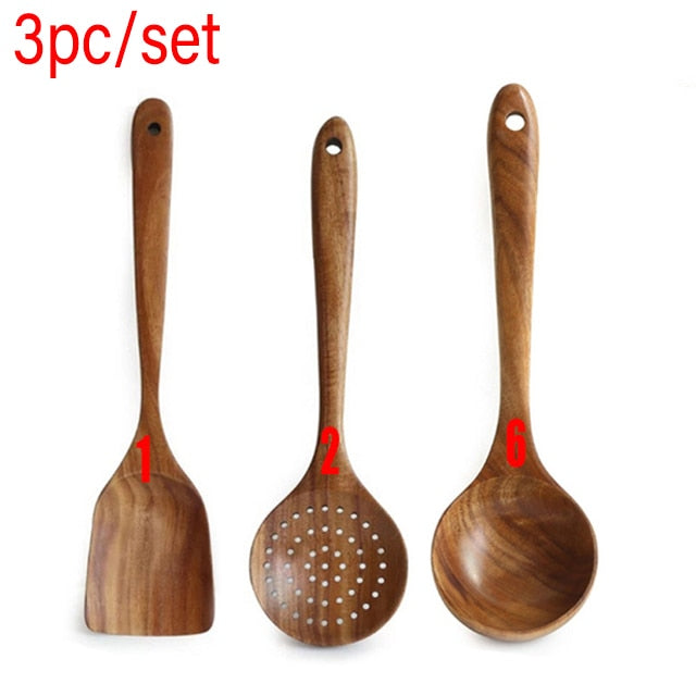 Teak Natural Wood Tableware Spoon Ladle Turner Rice Colander Soup Skimmer Cooking Spoon Scoop Kitchen Reusable Tool Kit