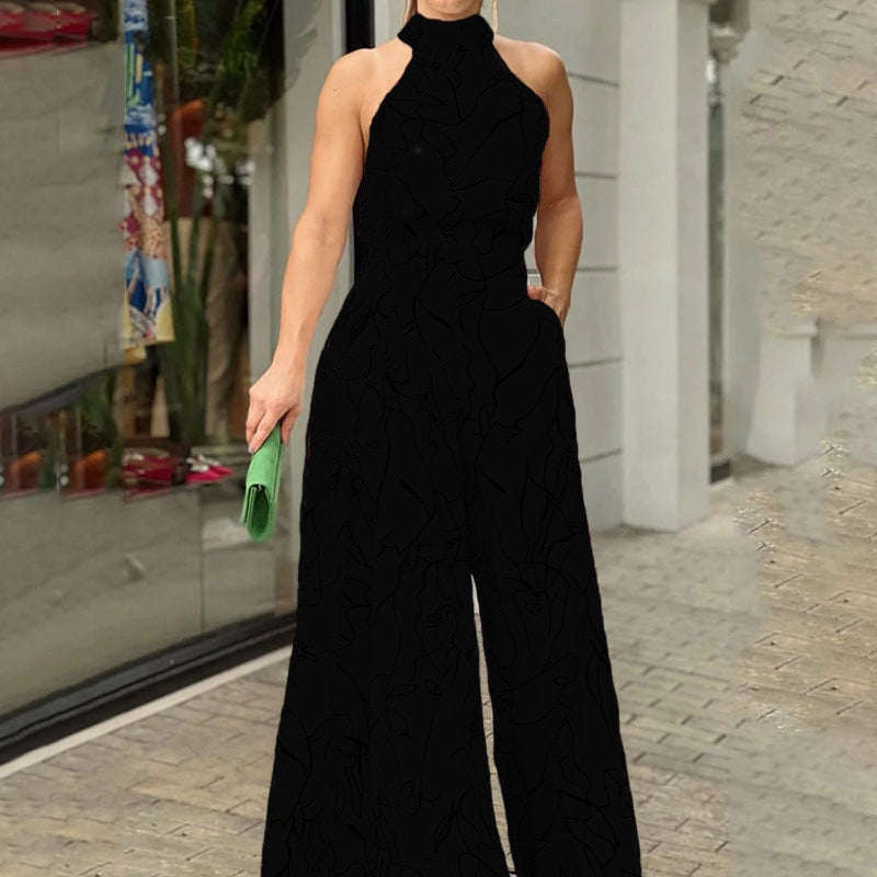 Summer Sexy Halterneck Bodycon Sleeveless High Jumpsuit 2022 Women Abstract Print Jumpsuit Chic Streetwear Wide Leg Romper Mujer