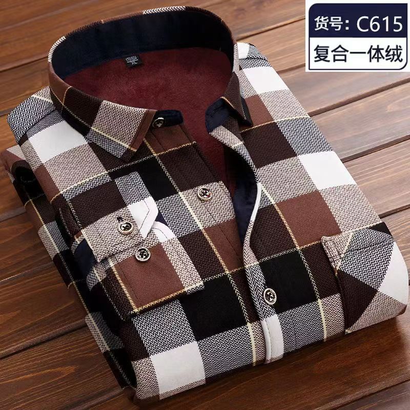 2022Spring Winter Men's Long Sleeve Plaid Flannel Fur Lined Thick Work Shirts fleece warm long sleeve shirt for men dress shirts