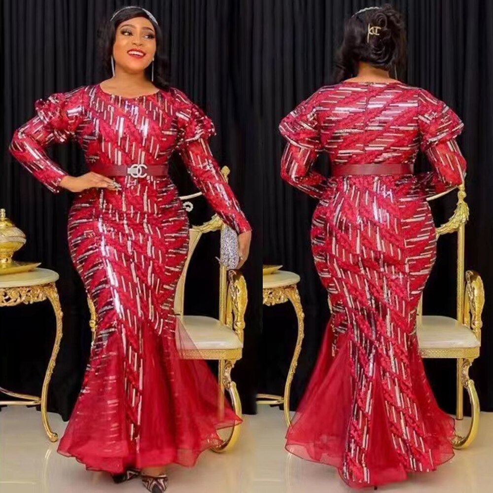 MD African Dresses For Women 2023 Wedding Party Evening Mermaid Dress Dubai Turkey Plus Size Robe Luxury Sequin Clothing Boubou
