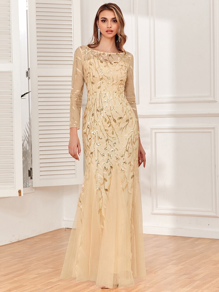 2023 Hot Sale Mermaid Evening Dresses O-Neck Full Sleeve Tulle Embroidery Long Party Gown Elegant Formal Dress