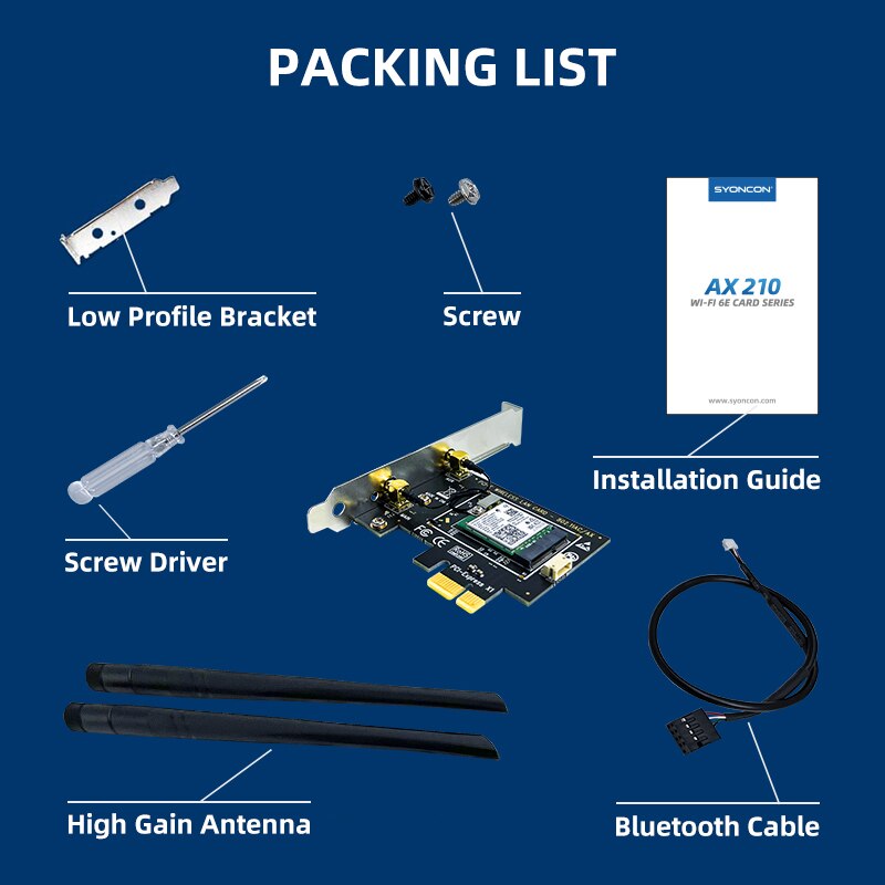WiFi 6E Ax210 PCI Express Network Card Intel AX210NGW Bluetooth 5.3 Tri Band 2.4G/5G/6Ghz Wi-Fi 5 AC8265 Wireless Adapter for PC