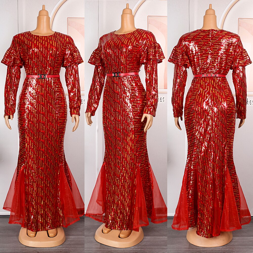 MD African Dresses For Women 2023 Wedding Party Evening Mermaid Dress Dubai Turkey Plus Size Robe Luxury Sequin Clothing Boubou