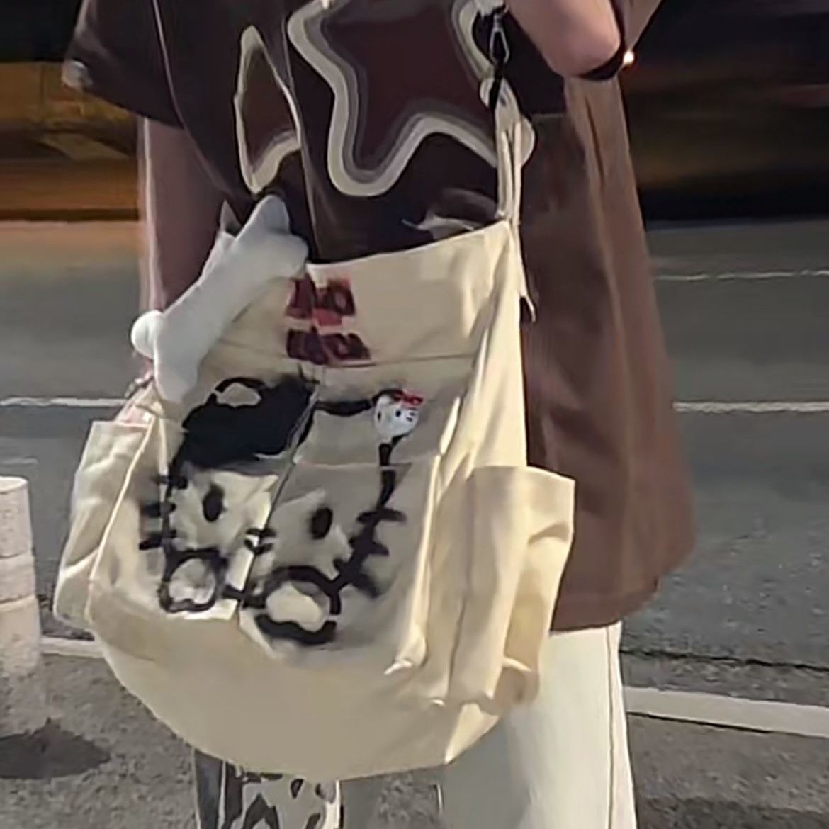 Backpacks for Women cute Hello Kitty Hand-Painted Inkjet Distressed Cotton Linen Millennium Hot Girl Messenger Trendy Bag