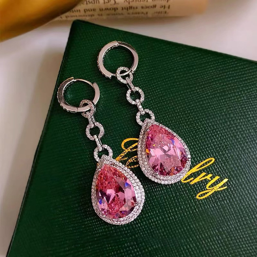 Sparkling Water Drop Earrings 2022 Trend Pink AAA Zircon Stone Women Wedding Engagement Bridal Crystal Dangle Fashion Jewelry