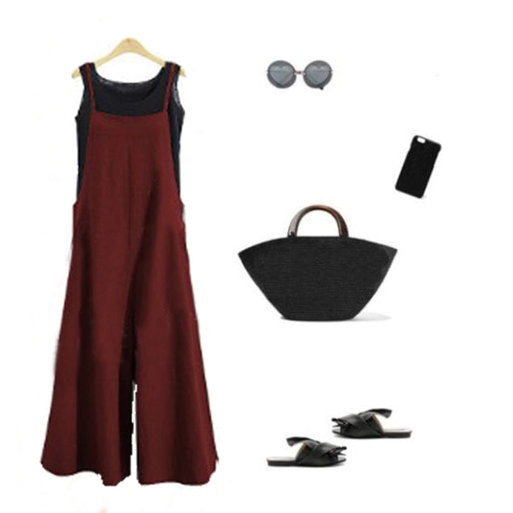 Casual Loose Jumpsuit Women Summer Solid Cotton Linen Straps Wide Leg Pants Dungaree Bib Overalls Sleeveless Oversized Jumpsuits