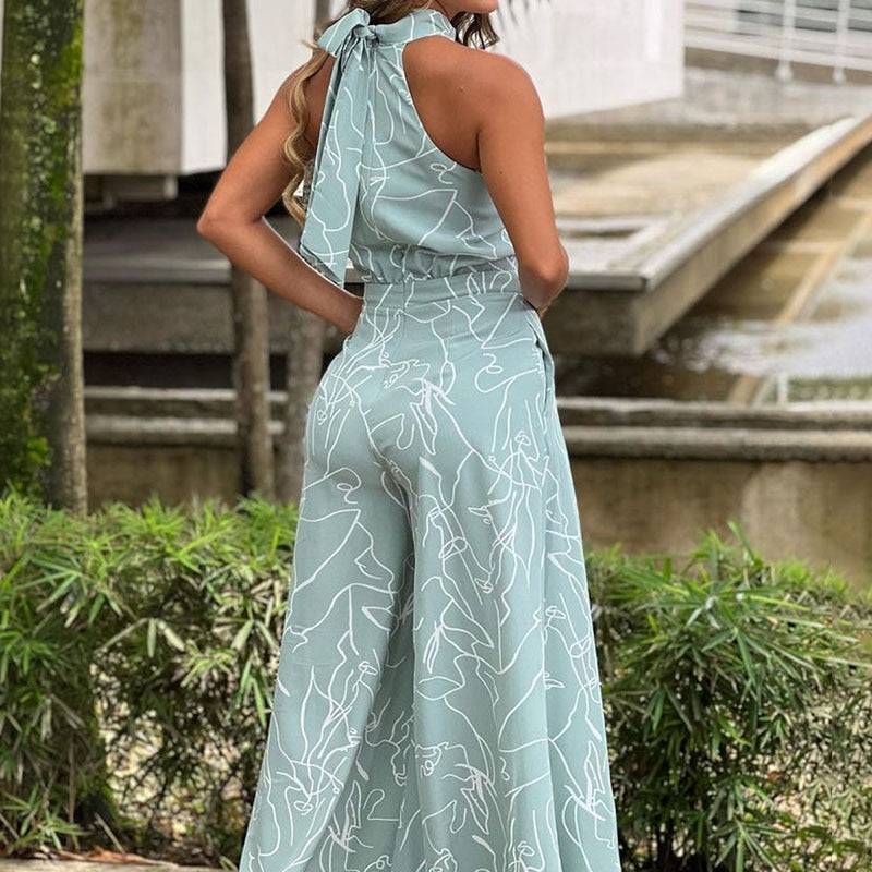 Summer Sexy Halterneck Bodycon Sleeveless High Jumpsuit 2022 Women Abstract Print Jumpsuit Chic Streetwear Wide Leg Romper Mujer