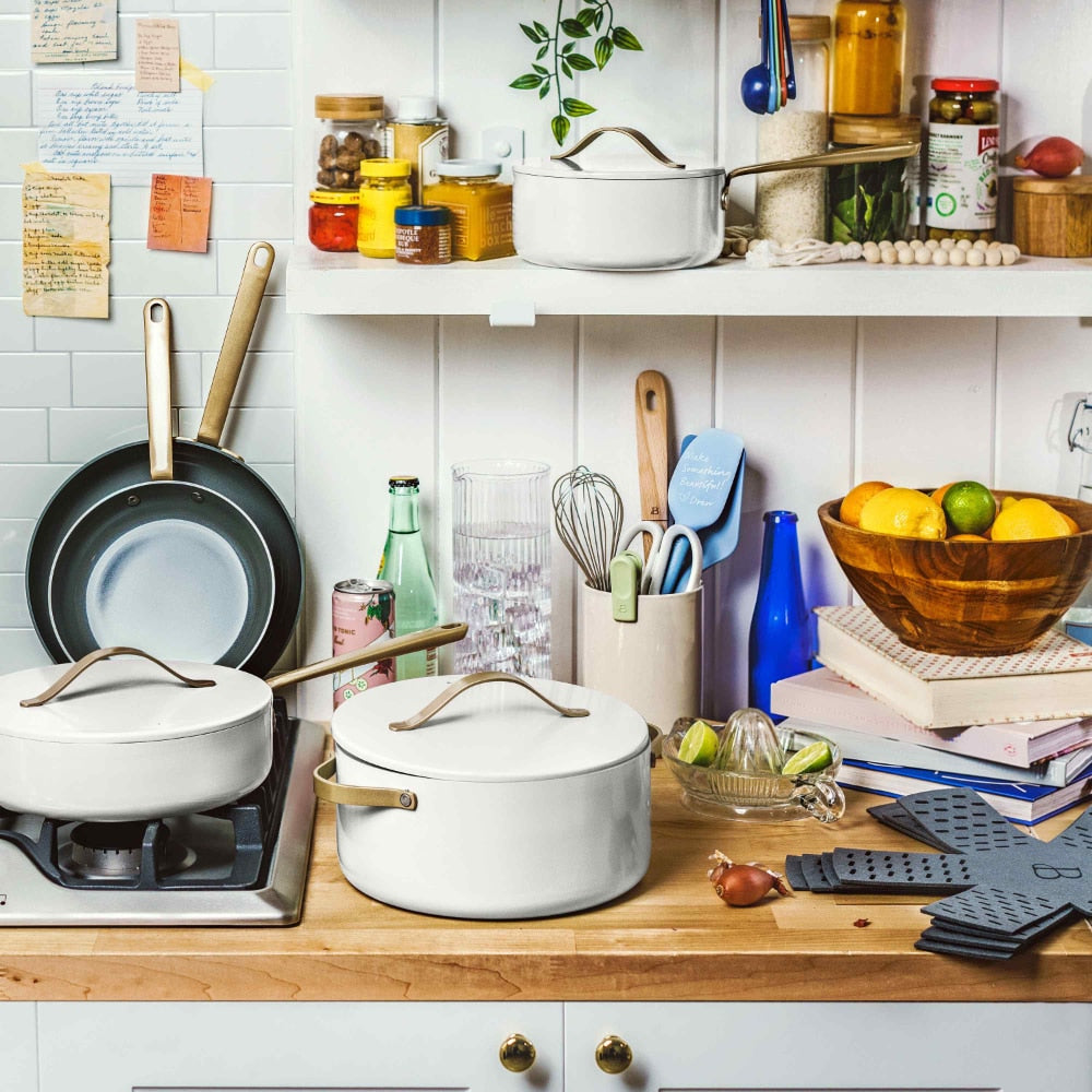 Beautiful 12pc Ceramic Non-Stick Cookware Set, White Icing by Drew Barrymore pots and pans pots and pans set