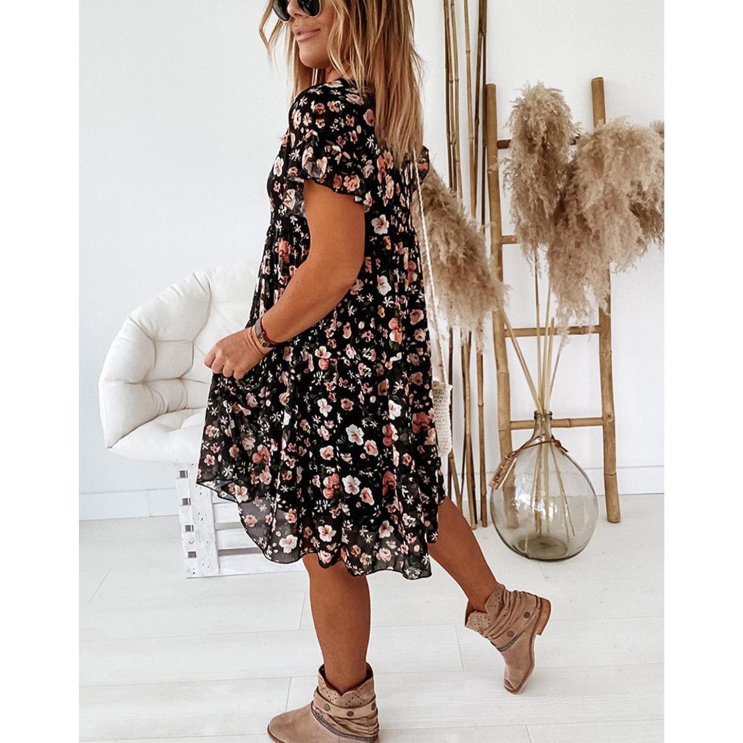 Summer Lady Ruffle Dress A Line Floral Print Sweet Dresses Women Casual O Neck Elegant Swing Short Dress 2023 New Arrival