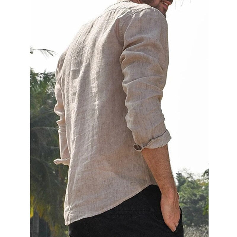 Men Shirt Long Sleeve Men\\'s Casual Cotton Linen Loose Solid Color Fashion V Neck Blouse Spring Summer Handsome Men Shirts Tops