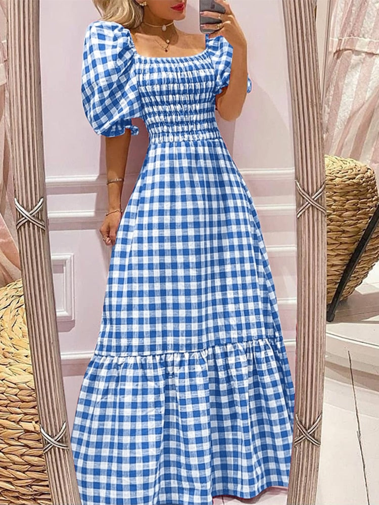 VONDA Summer Women Maxi Dress 2023 Casual Short Sleeve Square Collar Vintage Plaid Party Bohemian Vestidos Loose Long Sundress