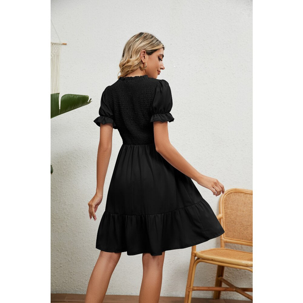 Dresses for Women 2023 Summer Round Neck Pleated Drawstring Pure Color Short Sleeve Slim Fit Women's Dresses Summer Dress
