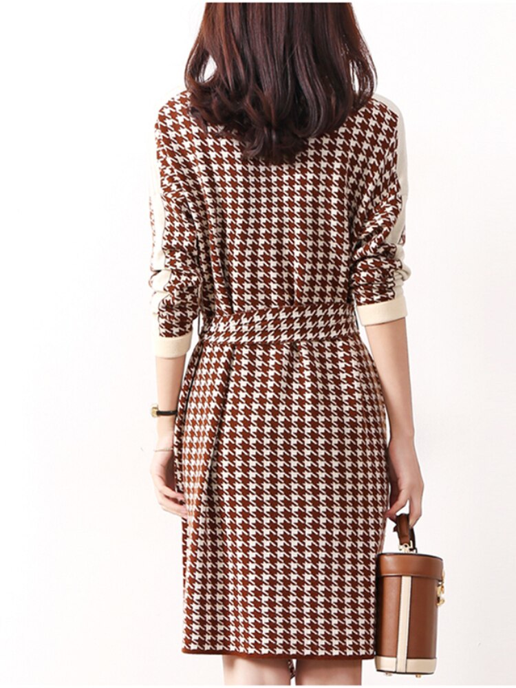 Elegant Dresses for Women Autumn Winter New Long Sleeve Knitted Dress Vintage Houndstooth Bandage Fashion Sweater Dress Belt