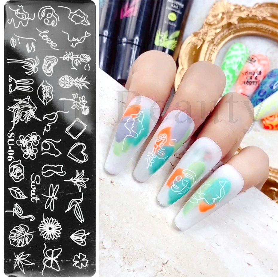 French Nail Art Stamping Plate Geometry Wave Line Drawing Templates Flower Love Lace Stamp Nail Charm Mold Stencil Tools LAXY-D-