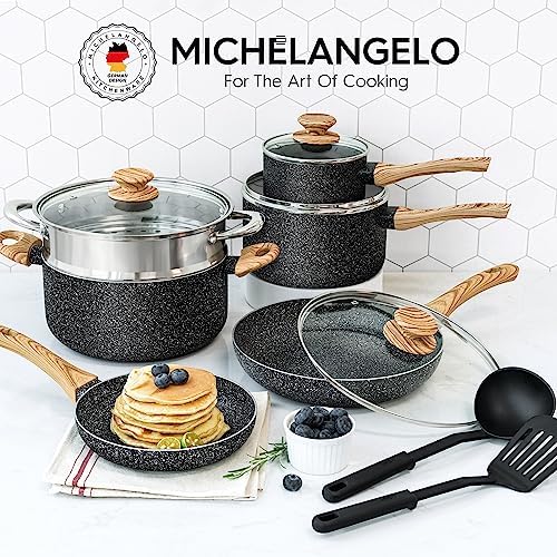 and Pans Set Nonstick, Granite Cookware Set 12 Pcs Non Toxic Cookware Set Induction Compatible, Black Granite Pots and Pans Set