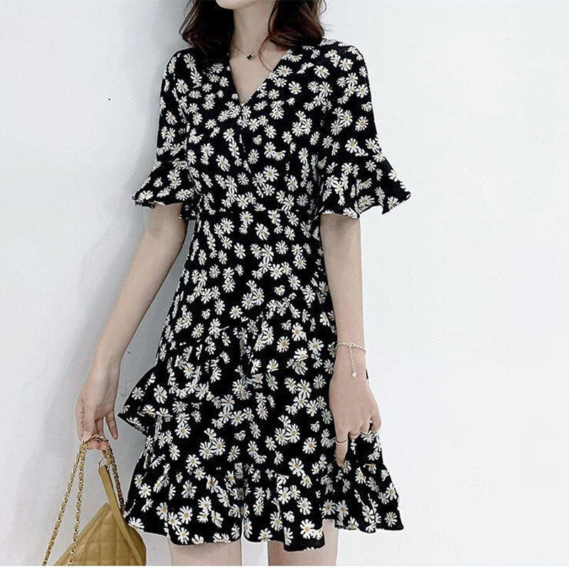 Vintage Printed Loose Asymmetrical Ruffles Mini Dress Women's Clothing 2023 Summer New Office Lady Flare Sleeve Floral Dress